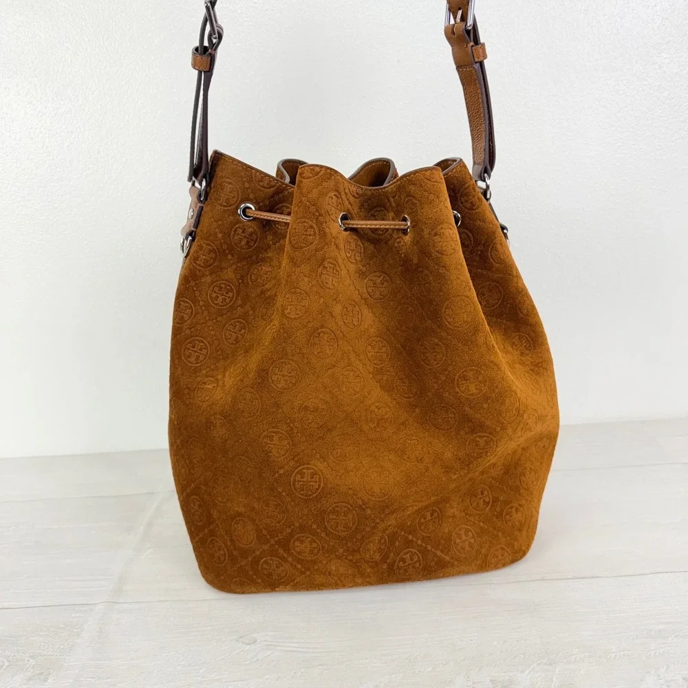 NWT Tory Burch T Monogram Suede Oversized Bucket Bag OS Chicory Brown Drawstring